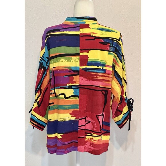 Ali Miles Size PL Multi Abstract Print Button Down Linen Blend Top Art To Wear - Picture 8 of 13
